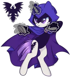 Size: 2548x2796 | Tagged: safe, artist:hawthornss, derpibooru import, oc, oc:zinthos, unofficial characters only, pony, unicorn, cape, clothes, expy, frown, hood, leotard, magic, raven (teen titans), simple background, solo, teen titans, transparent background, underhoof