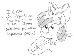 Size: 1275x963 | Tagged: safe, artist:pastelhorses, derpibooru import, apple bloom, oc, earth pony, pony, apple bloom's bow, bow, crown, crowning, ear fluff, female, filly, hair bow, happy, jewelry, levitation, magic, monochrome, necklace, offscreen character, princess, regalia, smiling, smol, solo, sword, telekinesis, text, weapon