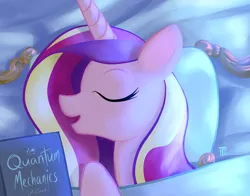 Size: 1100x863 | Tagged: 1trickpone's sleeping ponies, artist:1trick, book, cadance loves tiaras, derpibooru import, eyes closed, jewelry, part of a series, part of a set, princess cadance, quantum mechanics, safe, sleeping, solo, tiara