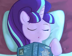 Size: 1100x863 | Tagged: 1trickpone's sleeping ponies, artist:1trick, bed, book, derpibooru import, discord, eyes closed, open mouth, part of a series, part of a set, pillow, safe, sleeping, solo, starlight glimmer