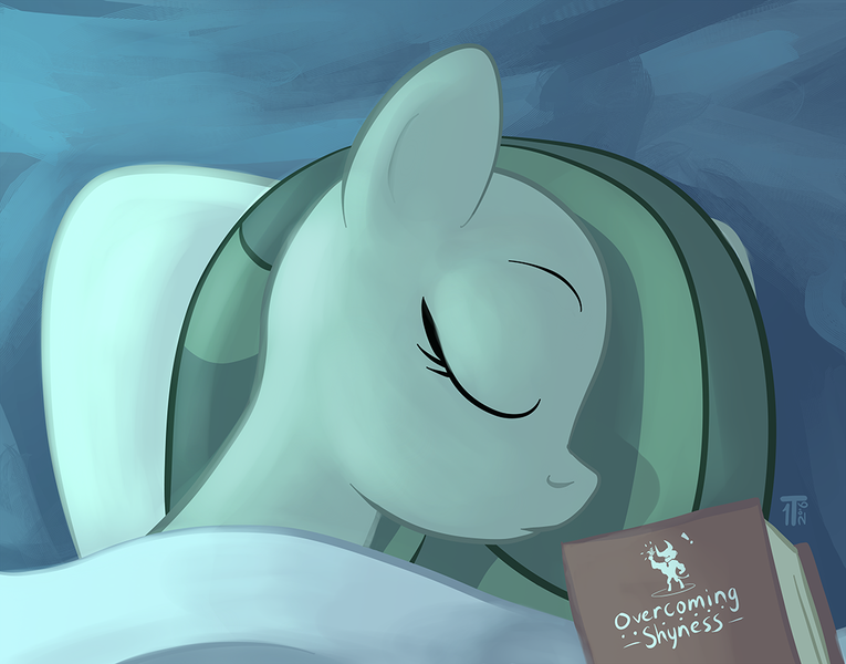 Size: 1100x863 | Tagged: 1trickpone's sleeping ponies, artist:1trick, book, derpibooru import, earthbound, eyes closed, iron will, marble pie, part of a series, part of a set, safe, sleeping, solo