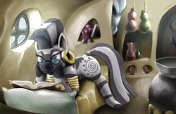 Size: 1800x1165 | Tagged: artist:paleheart-arts, bed, book, derpibooru import, glasses, reading, safe, solo, zebra, zecora, zecora's hut