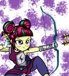 Size: 1024x1130 | Tagged: safe, artist:alligatorgummy, derpibooru import, sour sweet, equestria girls, friendship games, rainbow rocks, archery, arrow, bow (weapon), bow and arrow, clothes, credits, firing, freckles, gloves, pants, quiver, shine like rainbows, solo, weapon