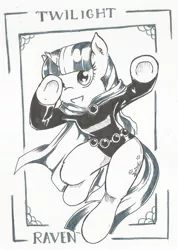 Size: 968x1363 | Tagged: artist:hurtywing, cape, clothes, crossover, dc comics, derpibooru import, grayscale, inktober, leotard, monochrome, raven (teen titans), safe, solo, teen titans, traditional art, twilight sparkle, twiraven, voice actor joke