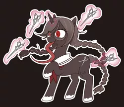Size: 556x479 | Tagged: safe, artist:牛【仕事募集中】, derpibooru import, ponified, pony, unicorn, black background, braid, braided tail, crazy eyes, crossover, danganronpa, female, genocide jack, glasses, insanity, levitation, long tongue, magic, mare, pigtails, pixiv, red eyes, scissors, simple background, solo, telekinesis, toko fukawa, tongue out, twintails, unshorn fetlocks