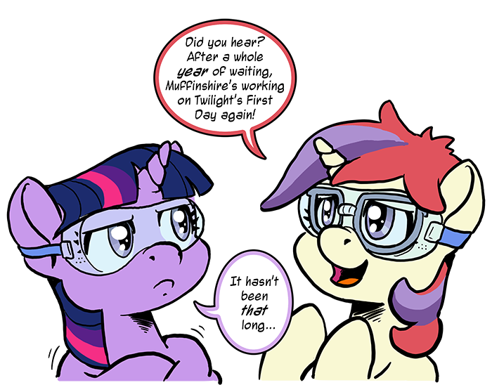 Size: 700x548 | Tagged: safe, artist:muffinshire, derpibooru import, moondancer, twilight sparkle, pony, unicorn, comic:twilight's first day, annoyed, bust, dialogue, female, filly, filly moondancer, filly twilight sparkle, frown, glare, goggles, lampshade hanging, open mouth, portrait, pouting, safety goggles, simple background, smiling, transparent background, wip, younger