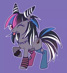 Size: 421x464 | Tagged: safe, artist:牛【仕事募集中】, derpibooru import, ponified, earth pony, pony, choker, clothes, danganronpa, danganronpa 2, female, ibuki mioda, looking at you, mare, one eye closed, pixiv, purple background, simple background, socks, solo, spiked choker, tongue out, wink