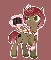 Size: 359x417 | Tagged: safe, artist:牛【仕事募集中】, derpibooru import, ponified, pony, unicorn, camera, colored pupils, danganronpa, danganronpa 2, female, freckles, levitation, magic, mahiru koizumi, mare, necktie, pixiv, raised hoof, reference, simple background, smiling, solo, telekinesis