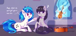 Size: 2781x1324 | Tagged: alternate version, artist:dsp2003, cello, comic, cute, derpibooru import, ear fluff, frog (hoof), grumpy, missing accessory, musical instrument, octavia is not amused, octavia melody, safe, single panel, tavibetes, unamused, underhoof, vinylbetes, vinyl scratch