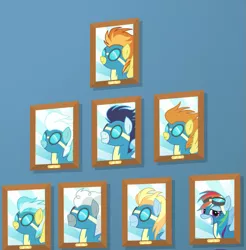 Size: 663x675 | Tagged: safe, derpibooru import, screencap, blaze, fleetfoot, lightning streak, misty fly, rainbow dash, silver lining, silver zoom, soarin', spitfire, pony, top bolt, clothes, cropped, faic, goggles, grin, lidded eyes, one of these things is not like the others, picture, picture frame, rainbow dash is best facemaker, shit eating grin, smiling, smirk, smug, smugdash, uniform, wonderbolts, wonderbolts uniform