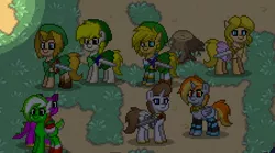 Size: 451x250 | Tagged: safe, derpibooru import, ponified, alicorn, pony, yoshi, pony town, barney the dinosaur, clothes, link, midna, nintendo, pixel art, princess zelda, socks, striped socks, super mario bros., sword, the legend of zelda, the legend of zelda: majora's mask, the legend of zelda: skyward sword, the legend of zelda: the wind waker, the legend of zelda: twilight princess, toon link, tree stump, weapon