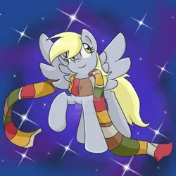 Size: 1024x1024 | Tagged: safe, artist:yoshimarsart, derpibooru import, derpy hooves, pegasus, pony, clothes, female, fourth doctor's scarf, implied doctorderpy, implied shipping, implied straight, mare, scarf, solo, watermark