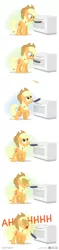 Size: 840x3540 | Tagged: safe, artist:dm29, derpibooru import, applejack, earth pony, pony, burned, comic, cute, earth pony problems, flipping, food, frying pan, funny, horse problems, i'm pancake, jackabetes, julian yeo is trying to murder us, pain, pancakes, silly, silly pony, solo, stove, who's a silly pony