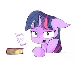 Size: 2000x1600 | Tagged: artist:malphee, book, derpibooru import, dialogue, floppy ears, looking at you, open mouth, safe, simple background, solo, that's gay, twilight is not amused, twilight sparkle, unamused, white background