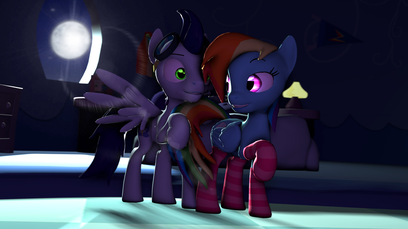 Size: 5000x2812 | Tagged: suggestive, artist:linormusicbeatpone, derpibooru import, rainbow dash, soarin', pony, 3d, bedroom eyes, clothes, female, glowing eyes, imminent sex, lens flare, lip bite, male, moon, night, shipping, soarindash, socks, source filmmaker, straight, striped socks, stupid sexy rainbow dash, tail seduce