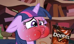 Size: 744x446 | Tagged: safe, derpibooru import, edit, edited screencap, screencap, twilight sparkle, pony, unicorn, friendship is magic, adorkable, aweeg*, burning, caption, chips, crying, cute, doritos, dork, female, floppy ears, food, golden oaks library, image macro, mare, meme, puffy cheeks, solo, spicy, text, twiabetes, unicorn twilight