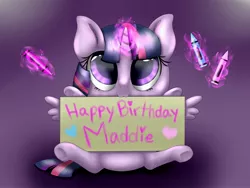 Size: 2000x1500 | Tagged: safe, artist:gittykitty264, derpibooru import, twilight sparkle, twilight sparkle (alicorn), alicorn, pony, glowing horn, happy birthday, horn, sign, solo