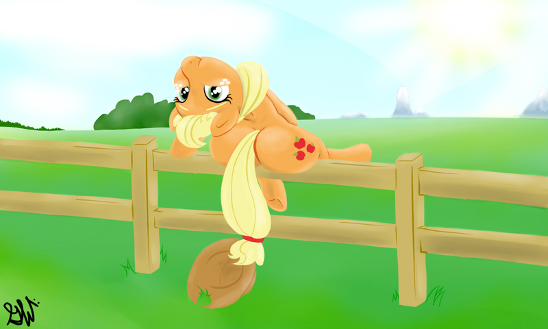 Size: 1200x720 | Tagged: suggestive, artist:gloryworm, derpibooru import, applejack, applejack's hat, bush, butt, cloud, cowboy hat, fence, grass, grass field, hat, image, jpeg, mountain, plot, scenery, sitting, solo, sun