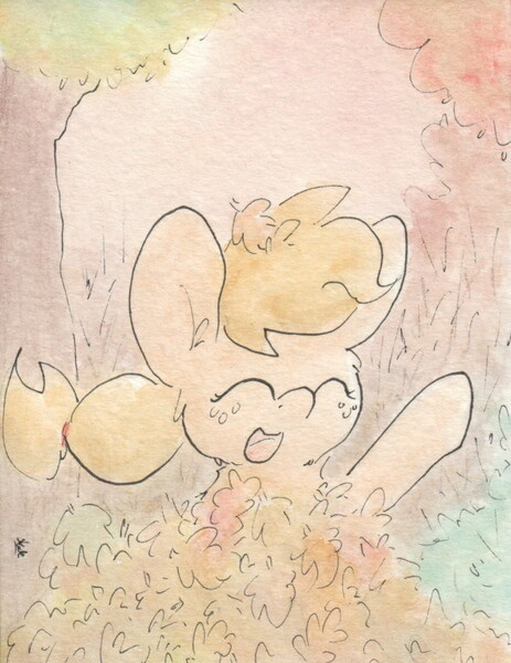 Size: 696x901 | Tagged: safe, artist:slightlyshade, derpibooru import, applejack, pony, autumn, eyes closed, leaf pile, leaves, silly, silly pony, solo, traditional art, who's a silly pony