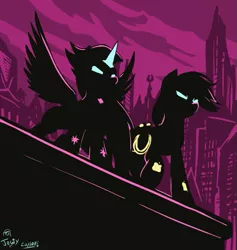 Size: 691x728 | Tagged: dead source, safe, artist:jowybean, derpibooru import, applejack, masked matter-horn, mistress marevelous, twilight sparkle, twilight sparkle (alicorn), alicorn, earth pony, pony, twijack weekly, power ponies (episode), city, cityscape, female, glare, image, lesbian, mare, png, power ponies, raised hoof, shipping, silhouette, spread wings, superhero, twijack, wings