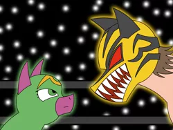 Size: 1129x850 | Tagged: safe, artist:combatkaiser, derpibooru import, idw, cherry blossom (idw), ponified, pony, cowl, crossover, mask, mystery mare, pro wrestling, this will end in death, this will end in tears, this will end in tears and/or death, tiger mask w, yellow devil