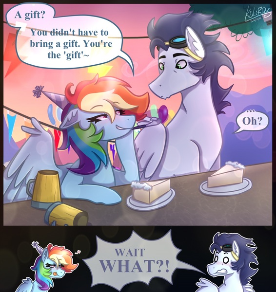 Size: 1648x1748 | Tagged: safe, artist:kikirdcz, derpibooru import, rainbow dash, soarin', pegasus, pony, 30 day otp challenge, aviator goggles, bedroom eyes, beverage, cake, comic, dessert, dialogue, drunk, drunker dash, female, food, goggles, hat, heart, male, mare, mug, party, party hat, plate, she wants the d, shipping, soarindash, speech bubble, stallion, straight, tankard, this will end in snu snu, tongue out, wait what