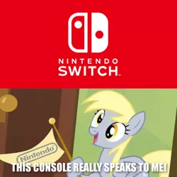 Size: 844x844 | Tagged: safe, derpibooru import, derpy hooves, pegasus, pony, rainbow falls, caption, derpy's flag, female, image macro, mare, meme, nintendo, nintendo switch, solo, text