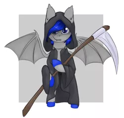Size: 2074x1978 | Tagged: safe, artist:marsminer, derpibooru import, oc, oc:moonslurps, unofficial characters only, bat pony, pony, clothes, costume, grim reaper, scythe, solo