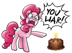 Size: 1000x733 | Tagged: angry, artist:miszasta, cake, crossover, derpibooru import, food, looking at you, meme, pinkie pie, pointing, portal (valve), safe, simple background, solo, the cake is a lie