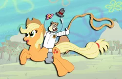 Size: 1024x663 | Tagged: applejack, artist:sinkcandycentral, crossover, derpibooru import, lasso, monika pikuła, polish, riding, rope, safe, sandy cheeks, spongebob squarepants, voice actor joke