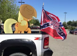 Size: 2362x1703 | Tagged: safe, artist:greenmachine987, artist:thatguy1945, derpibooru import, applejack, pony, battle flag, car, confederate flag, don't tread on me, flag, hat, irl, parking lot, photo, pickup truck, ponies in real life, shadow, solo, straw, vector