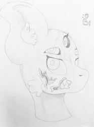 Size: 1640x2209 | Tagged: artist:andandampersand, bust, derpibooru import, fluffy, grayscale, grimdark, impossibly large ears, monochrome, oc, oc:artemis (&&&'s), portrait, teeth, traditional art, unofficial characters only