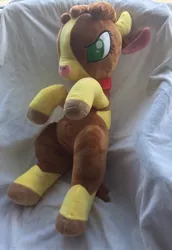 Size: 440x640 | Tagged: arizona cow, artist:klplushies, community related, cow, derpibooru import, irl, on back, photo, plushie, safe, solo, them's fightin' herds