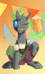 Size: 550x900 | Tagged: alcohol, artist:goat train, beer, changeling, changeling oc, clothes, cute, derpibooru import, dirndl, dress, female, food, oc, oc:ri'vee, oktoberfest, one eye closed, pretzel, raised hoof, safe, sitting, smiling, solo, unofficial characters only, wink