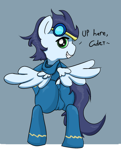 Size: 1396x1724 | Tagged: questionable, artist:davierocket, derpibooru import, soarin', pony, clothes, crotch bulge, dock, goggles, grin, hood, looking back, male, raised tail, smiling, solo, solo male, tail, text, uniform, wonderbolts uniform