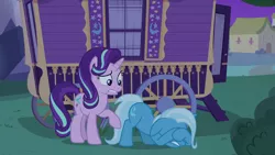 Size: 1920x1080 | Tagged: safe, derpibooru import, screencap, starlight glimmer, trixie, pony, unicorn, to where and back again, covering eyes, cowering, duo, female, lip bite, mare, scared, trixie's wagon, wagon