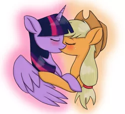 Size: 1129x1032 | Tagged: safe, artist:sisirr, derpibooru import, applejack, twilight sparkle, twilight sparkle (alicorn), alicorn, earth pony, pony, applejack's hat, blushing, cowboy hat, eyes closed, female, hat, kissing, lesbian, mare, shipping, twijack