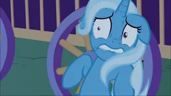 Size: 1920x1080 | Tagged: safe, derpibooru import, screencap, trixie, pony, unicorn, to where and back again, female, floppy ears, lip bite, mare, scared, shrunken pupils, solo, trixie's wagon