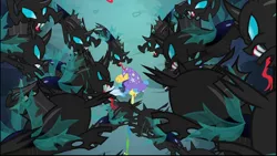 Size: 1024x576 | Tagged: safe, derpibooru import, screencap, trixie, changeling, pony, unicorn, to where and back again, changeling swarm, clothes, female, hat, mare, swarm, trixie's hat, wizard hat