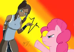 Size: 3509x2481 | Tagged: artist:emberra555, crossover, derpibooru import, i'm watching you, korra, pinkie pie, safe, the legend of korra