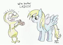 Size: 2591x1874 | Tagged: safe, artist:aramintaxkazemaru, derpibooru import, derpy hooves, pegasus, pony, cheese, cheese (foster's home for imaginary friends), crossover, female, food, foster's home for imaginary friends, image, jpeg, male, mare, potato