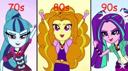 Size: 1280x714 | Tagged: safe, derpibooru import, adagio dazzle, aria blaze, sonata dusk, equestria girls, rainbow rocks, '90s, 70s, 80s, decade, disco, fashion style, grunge, punk, the dazzlings, timeline, toy