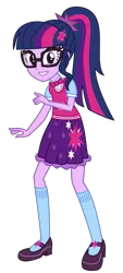 Size: 841x1866 | Tagged: safe, artist:sketchmcreations, derpibooru import, sci-twi, twilight sparkle, equestria girls, twilight's sparkly sleepover surprise, spoiler:eqg specials, adorkable, alternate costumes, bowtie, clothes, commission, cute, dork, glasses, looking at you, mary janes, ponytail, shoes, simple background, skirt, smiling, socks, solo, transparent background, twiabetes, vector