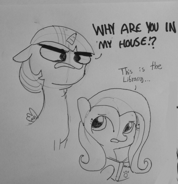 Size: 907x939 | Tagged: safe, artist:tjpones, derpibooru import, fluttershy, twilight sparkle, twilight sparkle (alicorn), alicorn, pony, lineart, monochrome, traditional art, twibitch sparkle