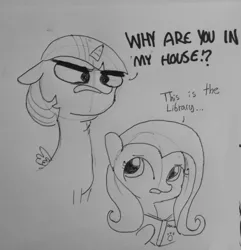 Size: 907x939 | Tagged: safe, artist:tjpones, derpibooru import, fluttershy, twilight sparkle, twilight sparkle (alicorn), alicorn, pony, lineart, monochrome, traditional art, twibitch sparkle