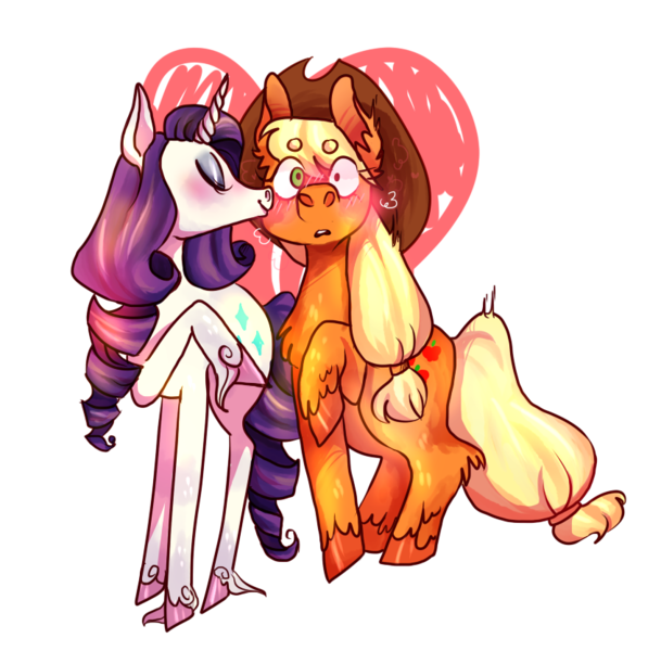 Size: 846x833 | Tagged: safe, artist:nabajandra, derpibooru import, applejack, rarity, earth pony, pony, unicorn, applejack's hat, blushing, cowboy hat, eyes closed, female, hat, heart, kiss on the cheek, kissing, lesbian, mare, raised hoof, rarijack, shipping, simple background, transparent background, unshorn fetlocks