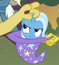 Size: 344x384 | Tagged: safe, derpibooru import, screencap, discord, trixie, pony, unicorn, to where and back again, annoyed, clothes, cropped, female, frown, glare, hat, horn, horn grab, mare, trixie's hat