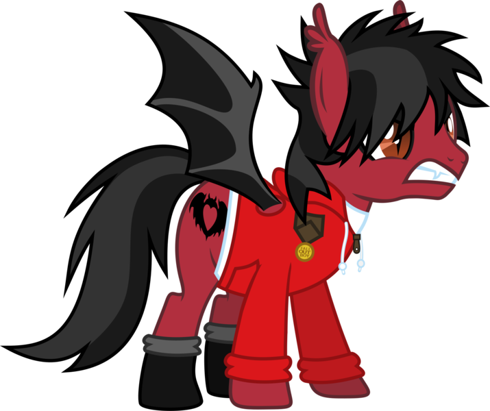 Size: 1892x1588 | Tagged: safe, artist:lightningbolt, derpibooru import, oc, ponified, bat pony, pony, .svg available, a little less sixteen candles a little more "touch me", angry, boots, clandestine industries, clothes, emo, eyeliner, eyeshadow, fall out boy, fangs, from under the cork tree, gritted teeth, growling, hair over one eye, hoodie, makeup, male, medal, messy mane, pete wentz, red and black oc, shirt, shoes, simple background, slit eyes, solo, stallion, svg, transparent background, undershirt, vector, zipper