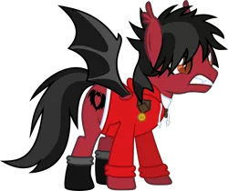 Size: 1892x1588 | Tagged: safe, artist:lightningbolt, derpibooru import, oc, ponified, bat pony, pony, .svg available, a little less sixteen candles a little more "touch me", angry, boots, clandestine industries, clothes, emo, eyeliner, eyeshadow, fall out boy, fangs, from under the cork tree, gritted teeth, growling, hair over one eye, hoodie, makeup, male, medal, messy mane, pete wentz, red and black oc, shirt, shoes, simple background, slit eyes, solo, stallion, svg, transparent background, undershirt, vector, zipper