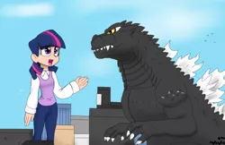 Size: 800x517 | Tagged: artist:fallenangel5414, crossover, derpibooru import, female, giantess, godzilla, godzilla (series), human, humanized, kaiju, macro, open mouth, safe, twilight sparkle